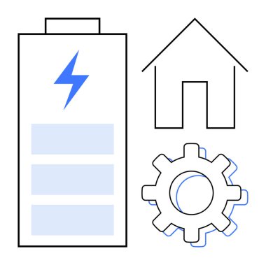 Battery with lightning bolt, house outline, and gear icon combining energy storage, home innovation, and technology. Ideal for renewable energy, sustainability, smart home, efficiency innovation