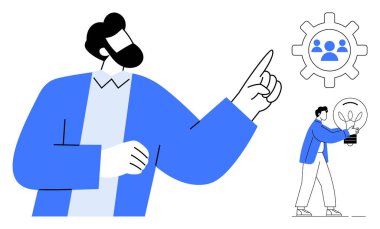 Person gestures toward cogwheel with team icon and individual holding lightbulb, highlighting teamwork, leadership, and innovation. Ideal for collaboration, strategy, planning, creativity