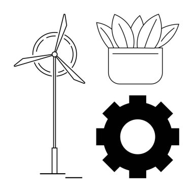 Wind turbine, leafy plant in a pot, and gear icon represent sustainability, green technology, industry, and innovation. Ideal for energy, eco-business, environment climate change teamwork