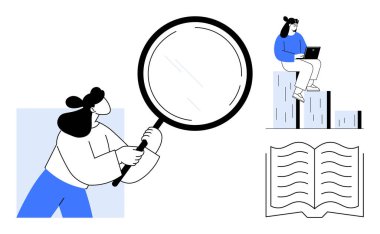 Woman holding magnifying glass, another seated on bar chart with laptop, and open book below. Ideal for research, education, data analysis, curiosity, exploration knowledge insight themes. Simple
