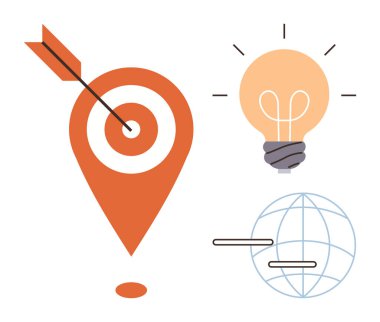 Kırmızı oklu hedef iğnesi, parlayan ampul ve çizgili küre hassasiyeti, yeniliği, iletişimi, küresel ulaşımı, stratejiyi, yaratıcılığı ve takım çalışmasını iletir. Basit düz metafor