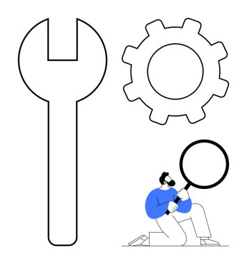 Oversized wrench and gear next to a man holding a magnifying glass, symbolizing analysis, technical support, and process improvement. Ideal for teamwork, mechanics, engineering, inspection