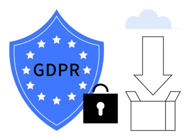Shield with GDPR text, download arrow into box, cloud, and lock. Ideal for privacy, security, compliance, regulation data storage policy data sharing. Simple flat metaphor