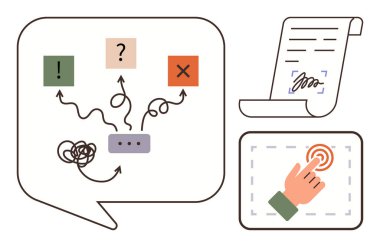 Speech bubble with decision paths, icons for approval and rejection, signed document scroll, and a hand tapping screen. Ideal for problem-solving, digital interaction, communication, workflow