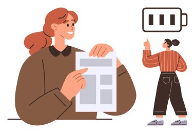 Woman reviews document while another points at battery icon, suggesting energy, efficiency, or status monitoring. Ideal for productivity, teamwork, health, energy levels, work-life balance focus
