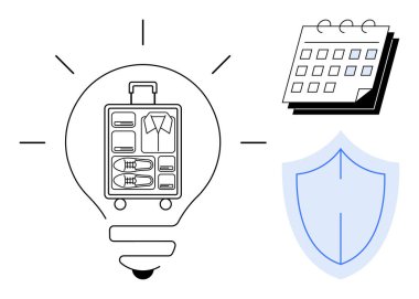 İçinde bavul olan ampul, takvimi temsil eden bir takvim ve güvenlik için bir kalkan. Seyahat organizasyonu, iş gezileri, güvenlik hazırlığı, tatil planlaması, yenilik için ideal