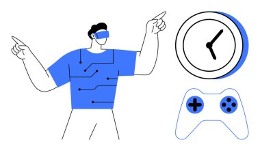 Person wearing virtual reality headset, pointing in excitement beside a clock and gaming controller. Ideal for gaming, technology, innovation, time management, entertainment, digital trends, simple