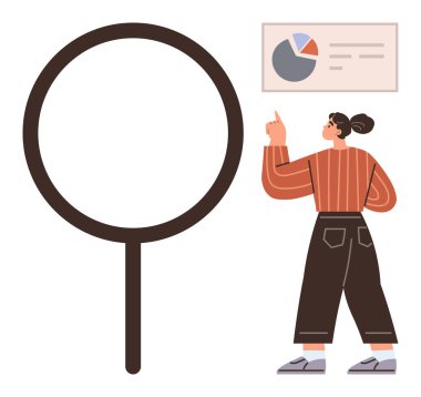 Woman pointing at data charts and pie graph, alongside a large magnifying glass. Ideal for research, analytics, education, strategy, insight, exploration, discovery simple flat metaphor
