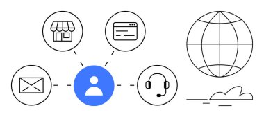 Abstract human figure linked to icons of shop, email, headset, webpage, and globe representing global customer support. Ideal for communication, networking, e-commerce, collaboration customer