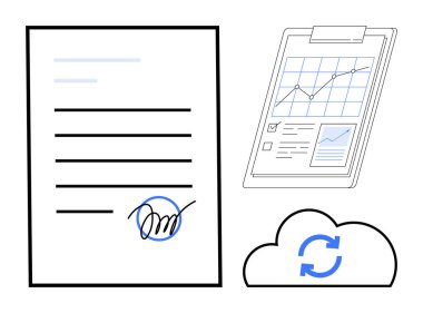 İmzalanmış sözleşme, analiz raporları panoda, bulut simgesi ve senkronize oklar. İş, teknoloji, işbirliği, üretkenlik, dijital iş akışı, veri yönetimi için ideal basit düz metafor