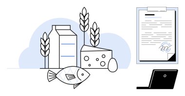 Dairy, fish, cheese, wheat, document with a signature, and laptop symbolizing food safety standards. Ideal for food regulation, certification, quality control health protocols sustainability safe