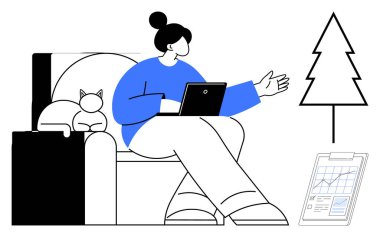 Kanepede oturan bir kadın dizüstü bilgisayar kullanıyor, ağaç grafiğine doğru el kol hareketi yapıyor, üzerinde veri tablosu olan bir pano, yanında dinlenen bir kedi. Uzak çalışma, yaratıcılık, analiz, sakinlik ve denge için ideal