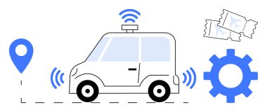 Self-driving car with GPS marker, radio signals, gear symbol, and tickets, representing navigation, automation, connectivity, smart mobility innovation and transportation technology. Ideal for tech