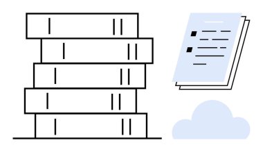 Yüzen belgelerin yanında kitap yığını ve bulut simgesi bilgi depolama, eğitim, dijital dönüşüm, yenilik, öğrenme materyalleri, çevrimiçi erişilebilirlik, basit düz metaforu sembolize ediyor