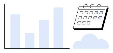Dikey sütunlu çubuk grafik, sarmal kenarlı takvim ve bulut simgesi. İş verileri, performans takibi, analitik, planlama, verimlilik takım çalışması için ideal. Basit düz