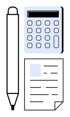 Hesap makinesinin yanında kalem ve hesaplamayı, kayıt tutmayı ve yönetimi sembolize eden resmi belge. Finans, muhasebe, organizasyon, eğitim, iş, yönetim verimliliği için ideal