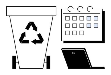 Sürdürülebilirlik simgesi olan geri dönüşüm kutusu işaretli tarihli takvim ve minimalist laptop. Çevre dostu planlama, atık yönetimi, çevre bilinci, zaman yönetimi ve kamu için ideal
