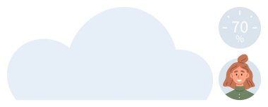 Büyük bulut şekli, ilerleme yüzdesi ve gülümseyen bir kadın portresi. Üretkenlik, ilerleme, organizasyon, bulut depolama, başarı takibi, hedef belirleme, büyüme için idealdir. Basit.