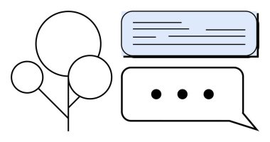 Soyut ağaç tasarımı metin baloncuklarıyla eşleştirilerek diyalog, büyüme ve iletişimi sembolize eder. Doğa, koruma, tartışma, sürdürülebilirlik, bağlantı eko-farkındalık için idealdir. Basit.