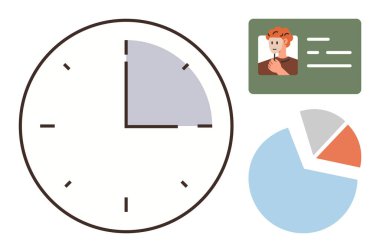 Vurgulanmış bölümlü saat, bölümlere ayrılmış pasta grafiği ve profil resimli kimlik kartı. Üretkenlik, planlama, verimlilik, organizasyon, analiz, zaman çizelgesi için ideal