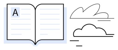 İçinde soyut bulut çizimleriyle birlikte geniş harflerle açık bir kitap. Eğitim, öğrenme, hikaye anlatma, hayal gücü, yaratıcılık, edebiyat ve iletişim için idealdir. Basit düz