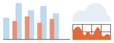 Bulutun altındaki bir çizgi grafiğiyle veri değerlerini karşılaştıran dikey bar tablosu. Veri analizi, iş eğilimleri, istatistik, dijital raporlar, tahminler, araştırma, basit düz metafor