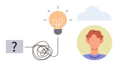 Soru işaretinden kişiye karmaşık bir çizgi bağlayan ampul sorun çözme, fikirler, yenilik, yaratıcılık, düşünme süreci, beyin fırtınası, çözüm odağı, basit düz metaforu sembolize eder.
