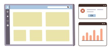 Web gösterge paneli arayüzü, OK tuşlu hata mesajı, ve çubuk grafik analiz çizelgesi. Veri yönetimi, sistem yönetimi, kullanıcı deneyimi, iş akışı optimizasyonu ve bilişim çözümleri için ideal