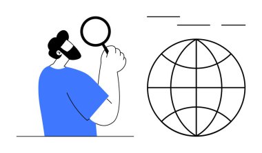 Man holding magnifying glass examining a global grid structure, representing research, analysis, discovery, international focus. Ideal for search, exploration, teamwork, education investigation