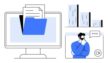 Dizin ve belgeli bilgisayar ekranı sohbet baloncuklu video arama katılımcısı, çubuk grafiği. Takım çalışması, uzaktan çalışma, veri yönetimi, işbirliği, analitik, üretkenlik için ideal
