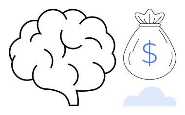 Brain sketch linked to money bag with dollar sign symbolizing innovation, financial growth, and intellectual wealth. Ideal for finance, creativity, business strategy, investment, education
