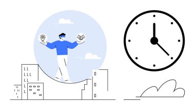 Person walking on curved path, holding a light bulb and handshake. Large clock nearby. Ideal for time management, work-life balance, innovation, decision-making, progress, business success abstract