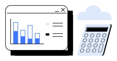 Grafik arayüzü penceresi ve hesap makinesi bir bulutun yanında. Analiz, finans, muhasebe, istatistik, hesaplama, bulut hizmetleri, iş planlaması için ideal. Basit düz metafor