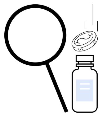 Yanında bir kapsül düşerken ilaç şişesini inceleyen büyüteç. Sağlık, araştırma, tıp, bilim, ilaç, analiz, güvenlik için idealdir. Temiz, düz metafor