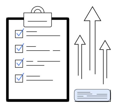 Clipboard checklist with marked tasks, upward arrows denoting growth, and progress marker. Ideal for productivity, success, task management, planning, career growth, workflow improvement simple flat