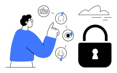 Person interacts with symbols of touch, sight, smell, taste, and hearing alongside a secure padlock. Ideal for cybersecurity, privacy, sensory data, awareness digital identity safety simple flat