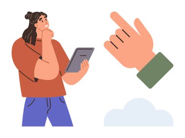 Woman holding a tablet and thinking, surrounded by pointing hand and cloud element. Ideal for brainstorming, e-learning, decision-making, technology, innovation, connection, digital communication