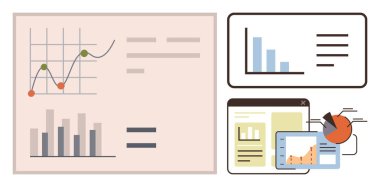 Line graphs, bar charts, pie chart, and report displays illustrating data, analysis, and trends. Ideal for business, economics, marketing presentations research analytics education simple flat