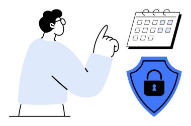 Man gesturing to calendar with a focus on security shield, representing time management, scheduling, protection, organization, productivity, privacy, and planning. Ideal for business personal