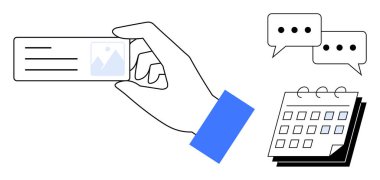 Hand holding a business card, speech bubbles for communication, and calendar for scheduling. Ideal for networking, communication strategy, time management, event planning, business branding