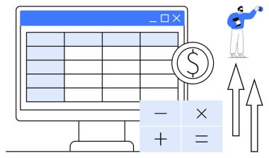 Computer screen displaying a financial table beside a calculator, currency icon, and upward arrows. Figure holding a globe symbolizing global finance. Ideal for finance, budgeting, analytics, growth