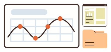 Graph with connected data points, a digital report window, and a file folder representing analysis, organization, planning, data storage, market trends, report insights and team workflow. Ideal