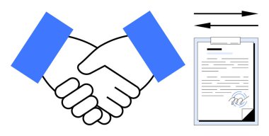 Handshake symbolizing partnership beside a signed document and arrows indicating progress. Ideal for collaboration, agreements, contracts, trust, negotiation, teamwork, and communication. Simple flat