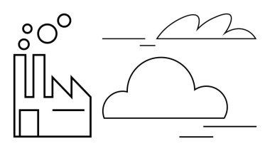 Factory with smoke stacks emitting bubbles, surrounded by clouds and wind lines. Ideal for environment, pollution, industry, sustainability, climate change, air quality energy. Simple flat metaphor