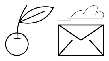 Minimalist cherry branch and envelope with cloud accent. Ideal for nature, communication, email, messaging, simplicity, minimalism, balance. Simple flat metaphor