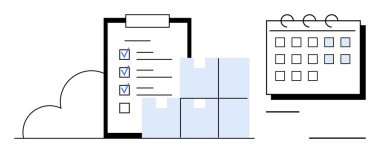 Task checklist with marked items, boxes, and calendar elements. Ideal for planning, productivity, task management, shipping, logistics scheduling organization. Simple flat metaphor