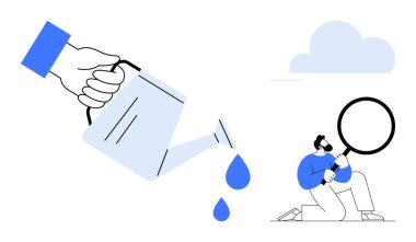 Hand pouring water from a watering can, symbolizing growth and care, while a man examines details with a magnifying glass, suggesting analysis and exploration. Ideal for growth, discovery, research