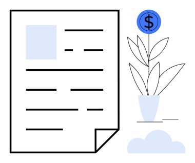 Document with text beside a flourishing potted plant featuring a dollar sign above. Ideal for finance, business, investment, economics, profit, accounting, and personal growth. Simple flat metaphor