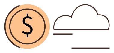 Coin symbol beside a minimal cloud outline representing finance, digital technology. Ideal for online transaction, cloud storage, economic growth, fintech, investment, innovation, saving simple flat