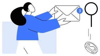 Woman holding an envelope with a notification badge, magnifying glass, and coin symbolizing communication, search, and financial themes. Ideal for messaging, networking, marketing, search